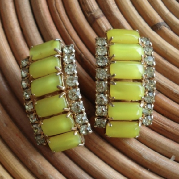 MCM Yellow Rhinestone Statement Clip On Earrings - Picture 2 of 3